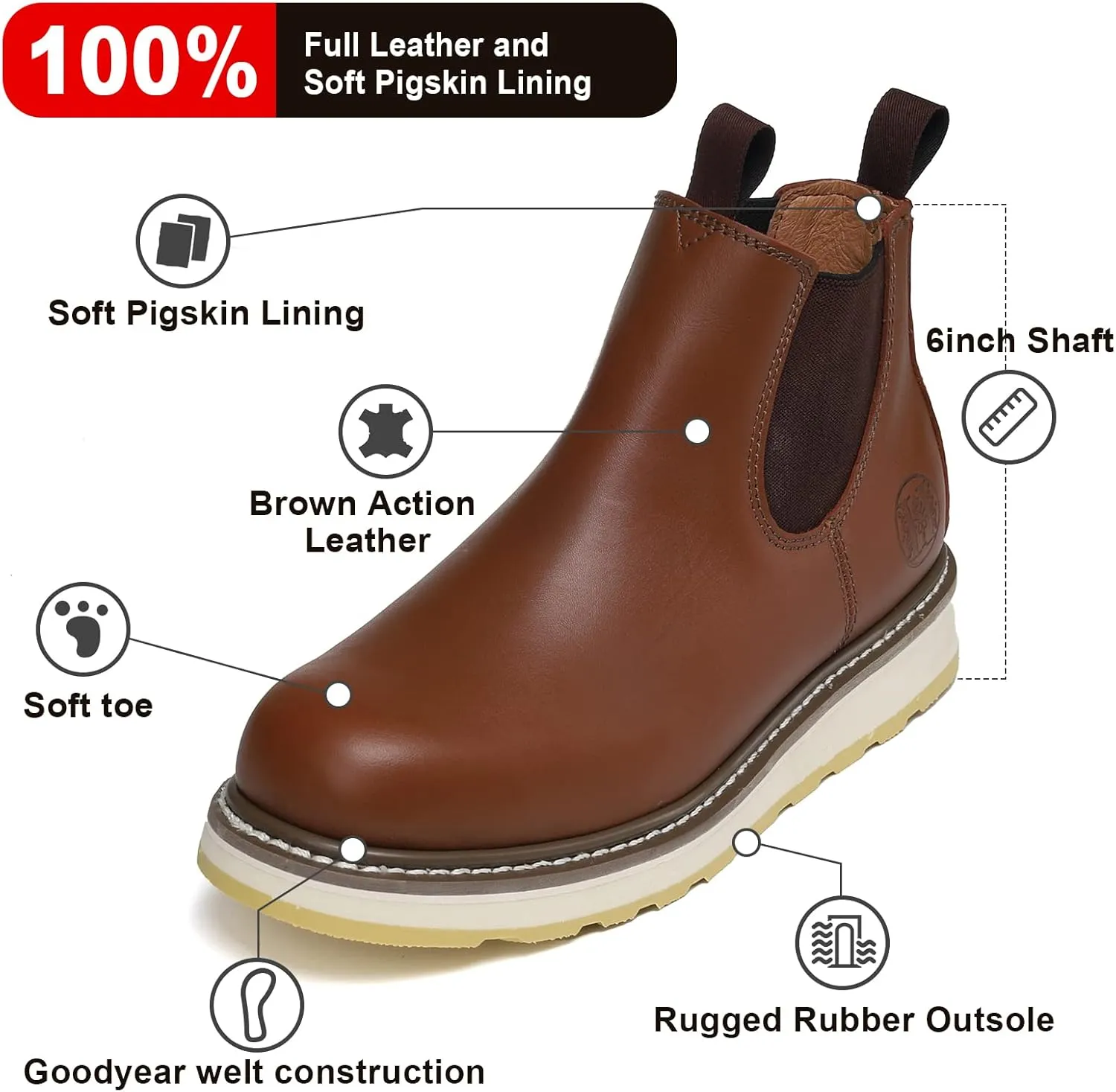 HANDPOINT Men's Chelsea Double Gore Pull-On Soft Toe Work Boots - Brown 84985