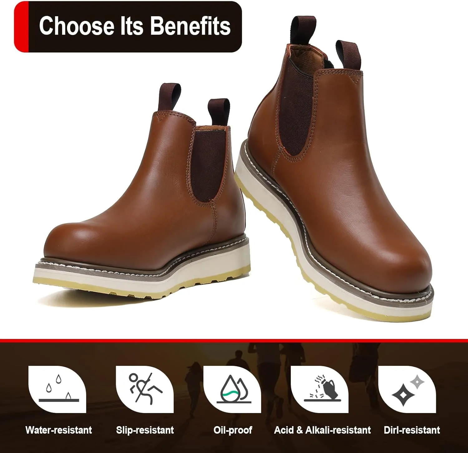 HANDPOINT Men's Chelsea Double Gore Pull-On Soft Toe Work Boots - Brown 84985