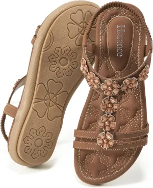 HARENCE Women's Summer Flat Sandals: Comfortable Bohemian Beaded Flats Shoes Elastic Ankle T-Strap Casual Slip on Beach Dress Sandals for Women