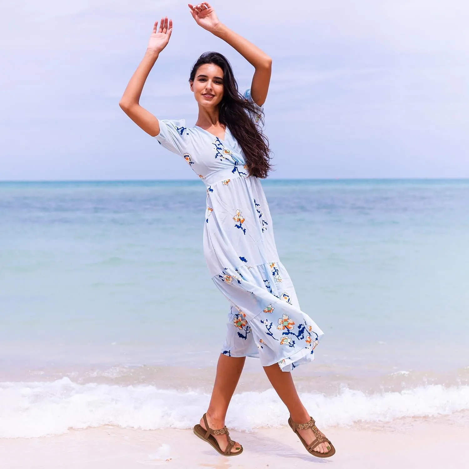HARENCE Women's Summer Flat Sandals: Comfortable Bohemian Beaded Flats Shoes Elastic Ankle T-Strap Casual Slip on Beach Dress Sandals for Women