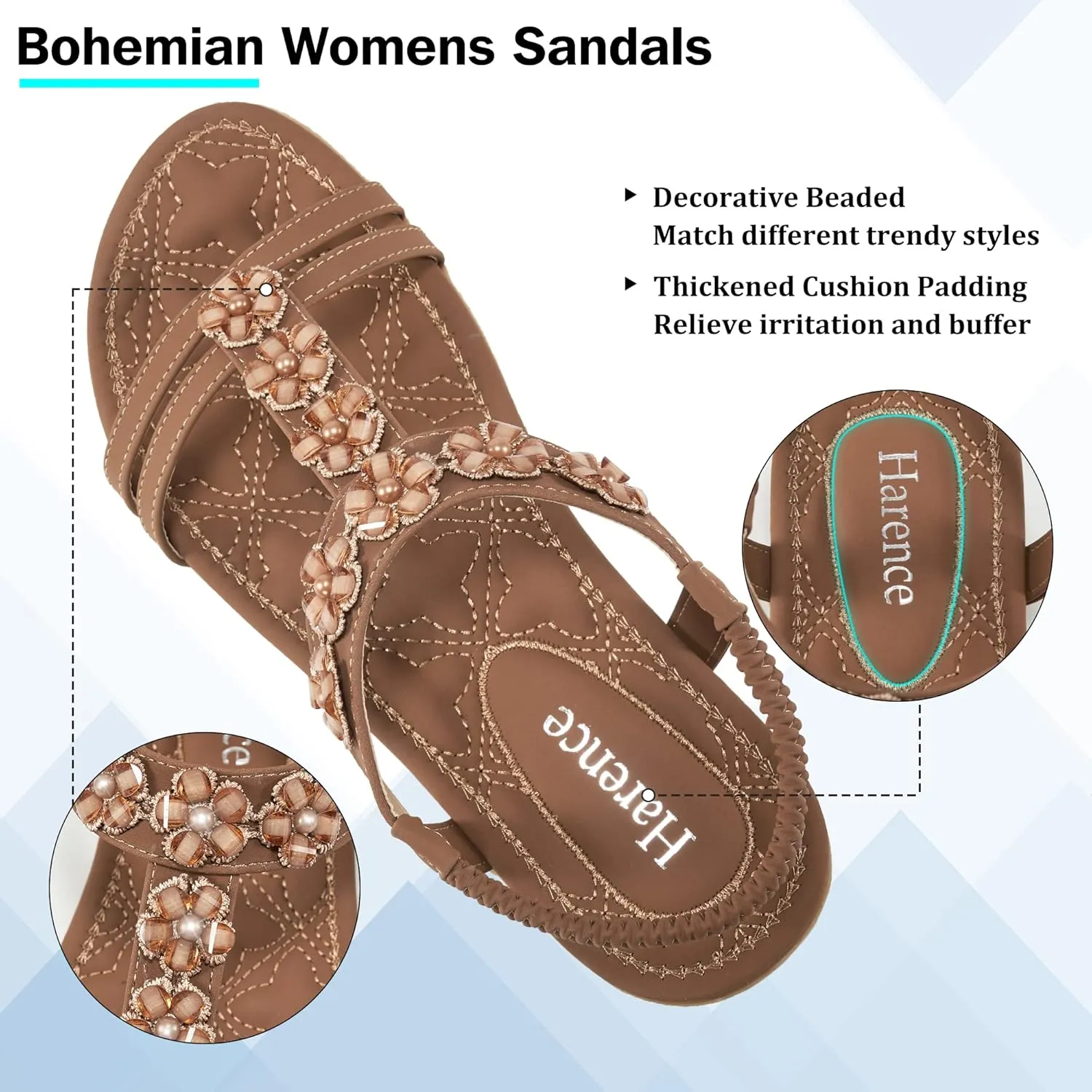 HARENCE Women's Summer Flat Sandals: Comfortable Bohemian Beaded Flats Shoes Elastic Ankle T-Strap Casual Slip on Beach Dress Sandals for Women