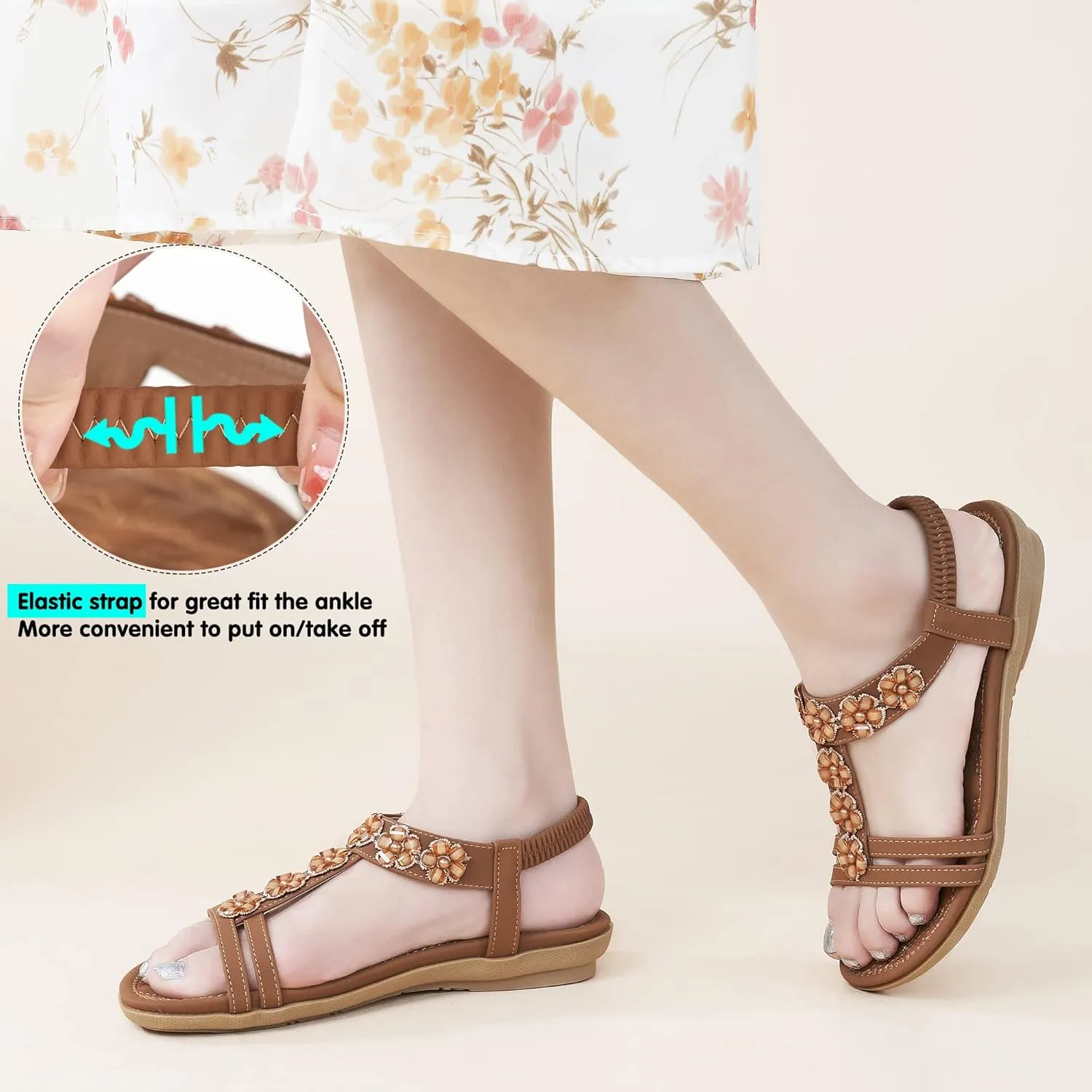 HARENCE Women's Summer Flat Sandals: Comfortable Bohemian Beaded Flats Shoes Elastic Ankle T-Strap Casual Slip on Beach Dress Sandals for Women