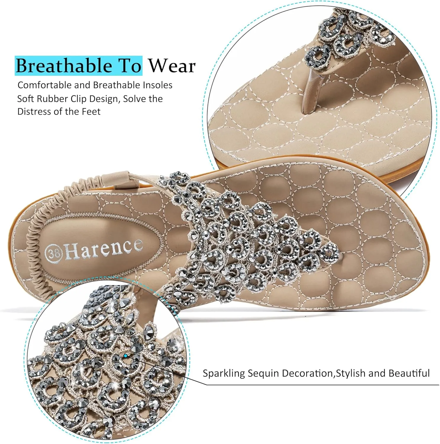 HARENCE Womens Summer Flats Sandals: Casual Bohemian Dressy Thong Flat Shoes Comfortable Slip on Elastic Ankle Strap Beach Sandal
