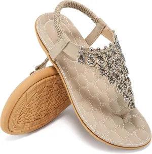 HARENCE Womens Summer Flats Sandals: Casual Bohemian Dressy Thong Flat Shoes Comfortable Slip on Elastic Ankle Strap Beach Sandal