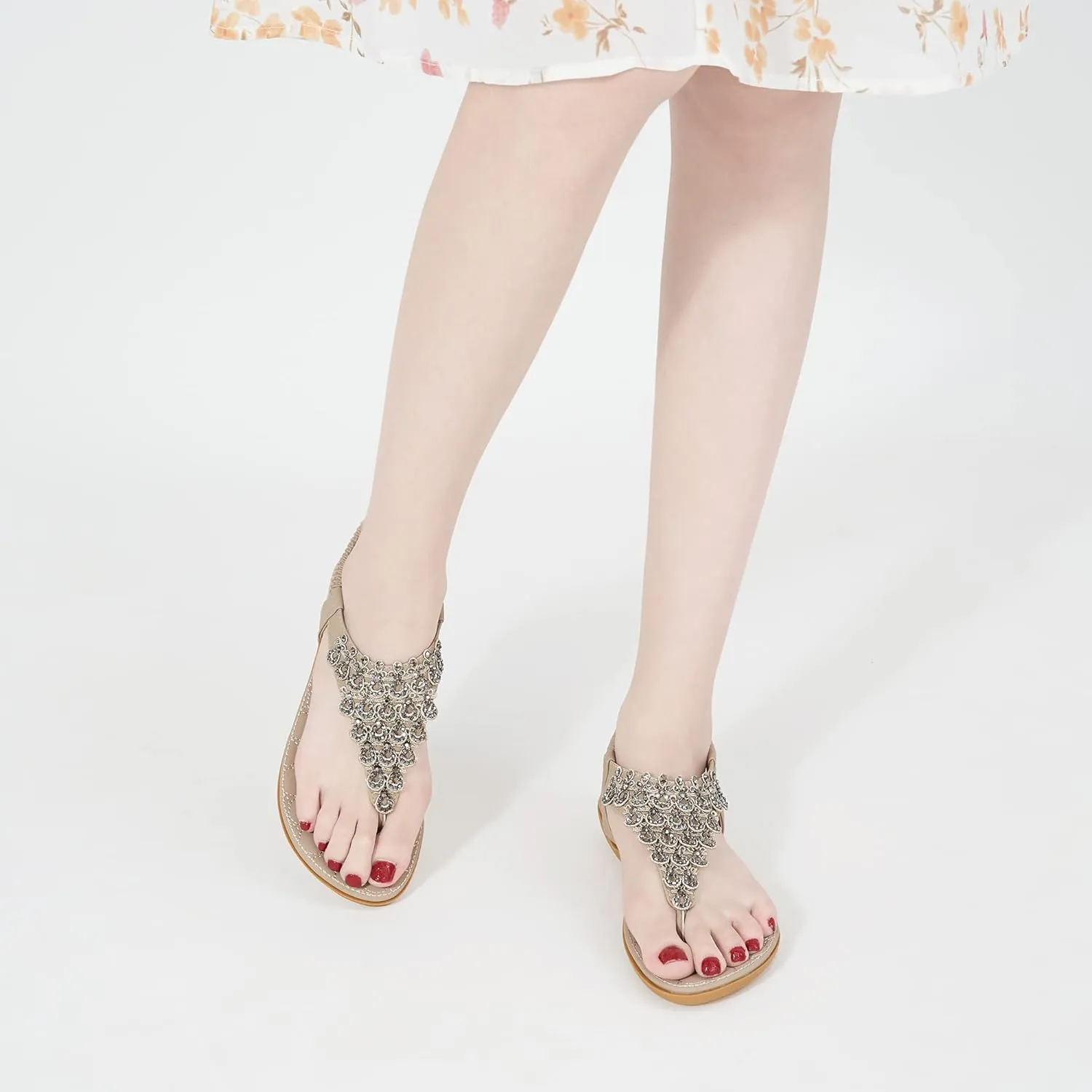 HARENCE Womens Summer Flats Sandals: Casual Bohemian Dressy Thong Flat Shoes Comfortable Slip on Elastic Ankle Strap Beach Sandal