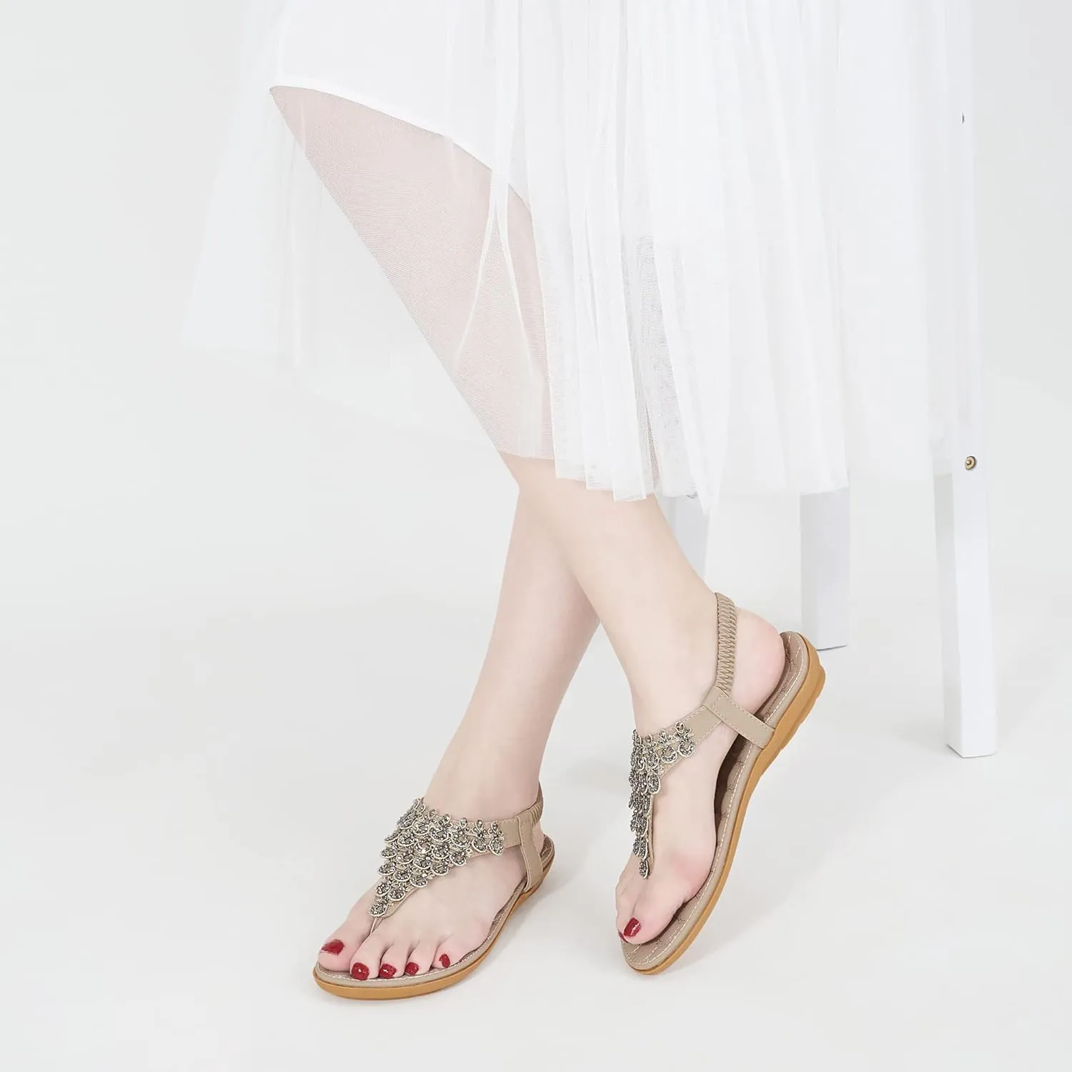 HARENCE Womens Summer Flats Sandals: Casual Bohemian Dressy Thong Flat Shoes Comfortable Slip on Elastic Ankle Strap Beach Sandal