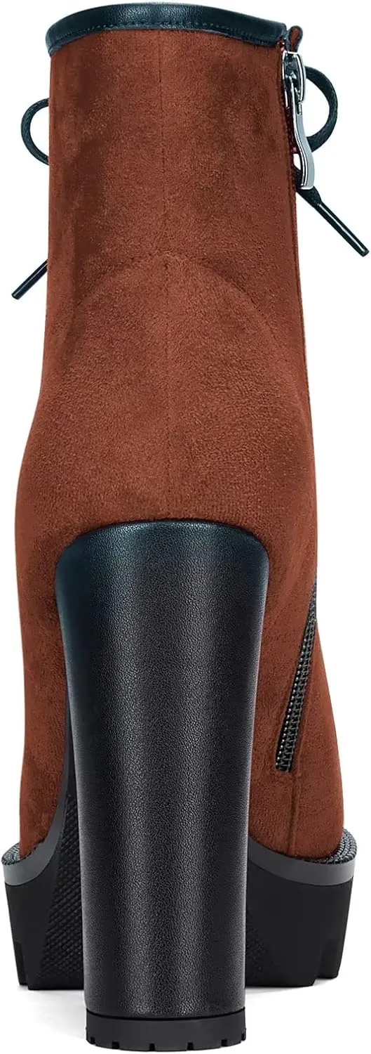 HDEUOLM Women High Chunky Block Platform Heel Round Toe Lace-up Zipper Ankle Boots Short Bootie Shoes