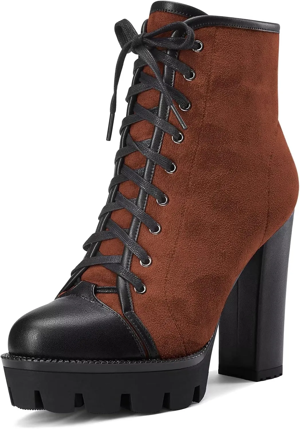 HDEUOLM Women High Chunky Block Platform Heel Round Toe Lace-up Zipper Ankle Boots Short Bootie Shoes