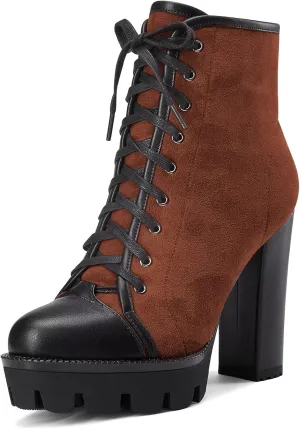 HDEUOLM Women High Chunky Block Platform Heel Round Toe Lace-up Zipper Ankle Boots Short Bootie Shoes