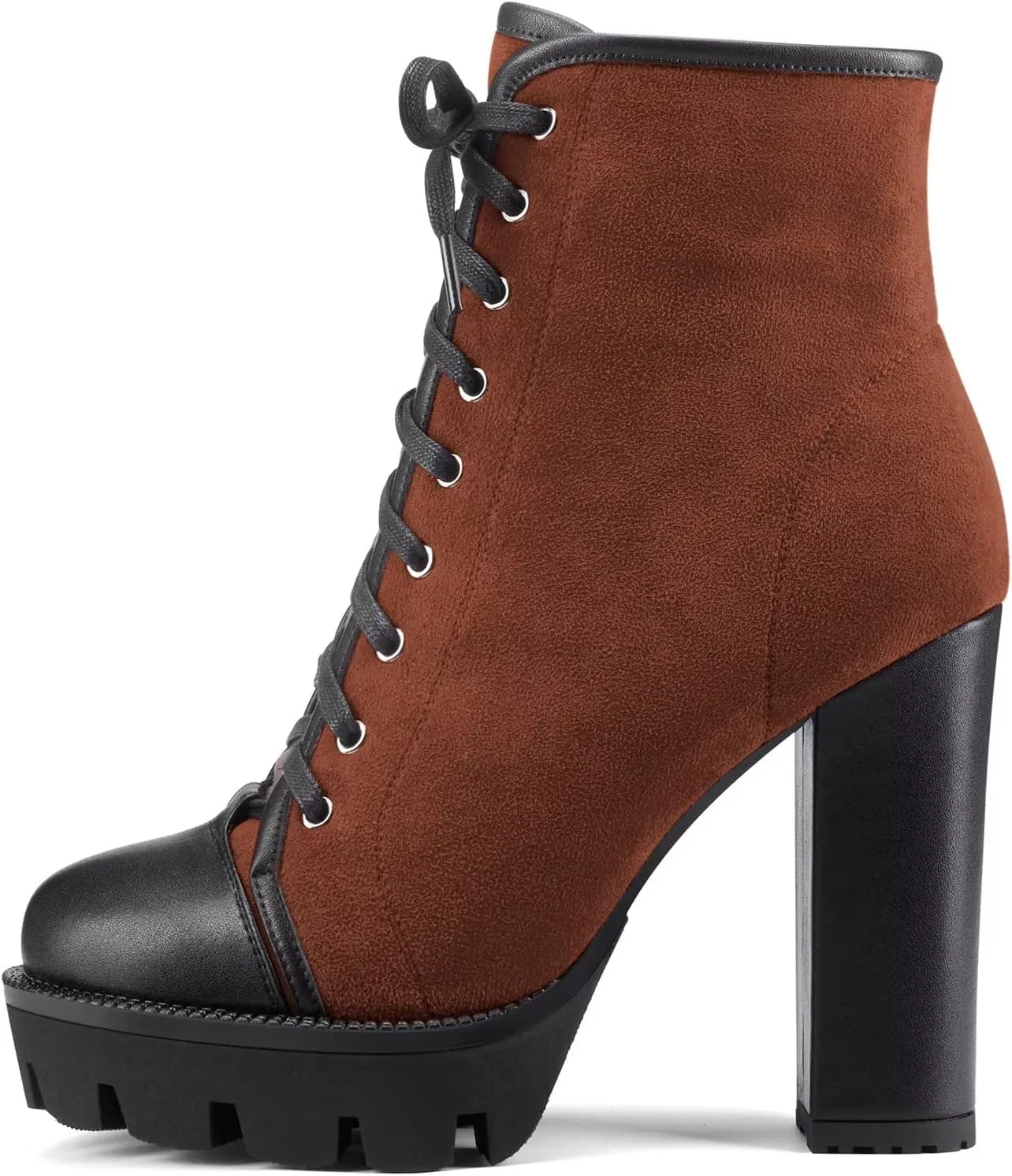 HDEUOLM Women High Chunky Block Platform Heel Round Toe Lace-up Zipper Ankle Boots Short Bootie Shoes