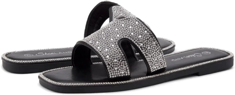 Herstyle Showstopper Women's Flat Sandals, Fashion Rhinestone Slides, Open Toe Slip-On Slippers with Cushioned Footbed, Casual Bling Sandals for Summer and Daily Wear