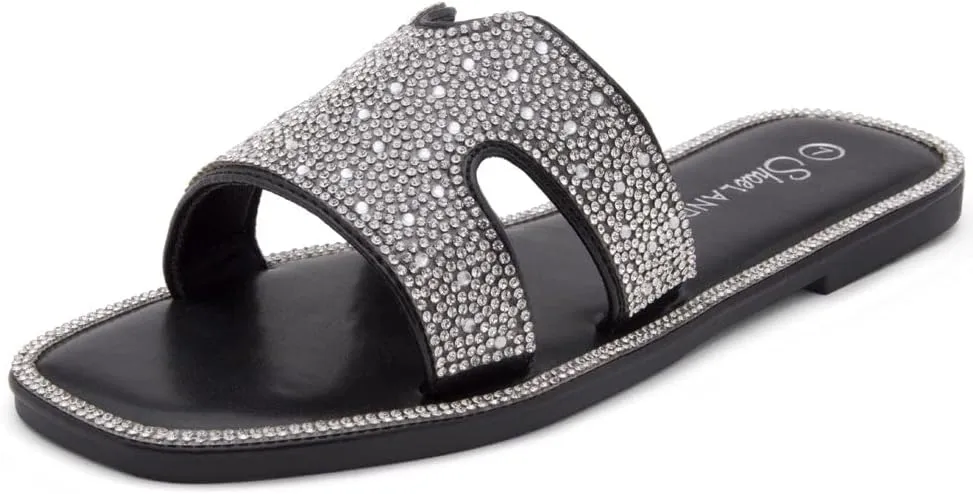 Herstyle Showstopper Women's Flat Sandals, Fashion Rhinestone Slides, Open Toe Slip-On Slippers with Cushioned Footbed, Casual Bling Sandals for Summer and Daily Wear
