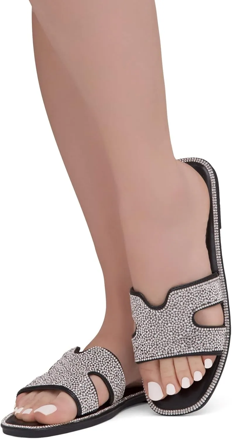 Herstyle Showstopper Women's Flat Sandals, Fashion Rhinestone Slides, Open Toe Slip-On Slippers with Cushioned Footbed, Casual Bling Sandals for Summer and Daily Wear