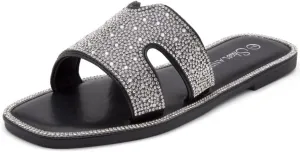 Herstyle Showstopper Women's Flat Sandals, Fashion Rhinestone Slides, Open Toe Slip-On Slippers with Cushioned Footbed, Casual Bling Sandals for Summer and Daily Wear