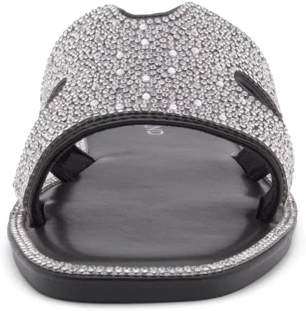 Herstyle Showstopper Women's Flat Sandals, Fashion Rhinestone Slides, Open Toe Slip-On Slippers with Cushioned Footbed, Casual Bling Sandals for Summer and Daily Wear