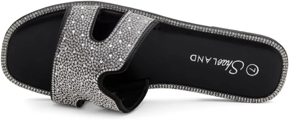 Herstyle Showstopper Women's Flat Sandals, Fashion Rhinestone Slides, Open Toe Slip-On Slippers with Cushioned Footbed, Casual Bling Sandals for Summer and Daily Wear