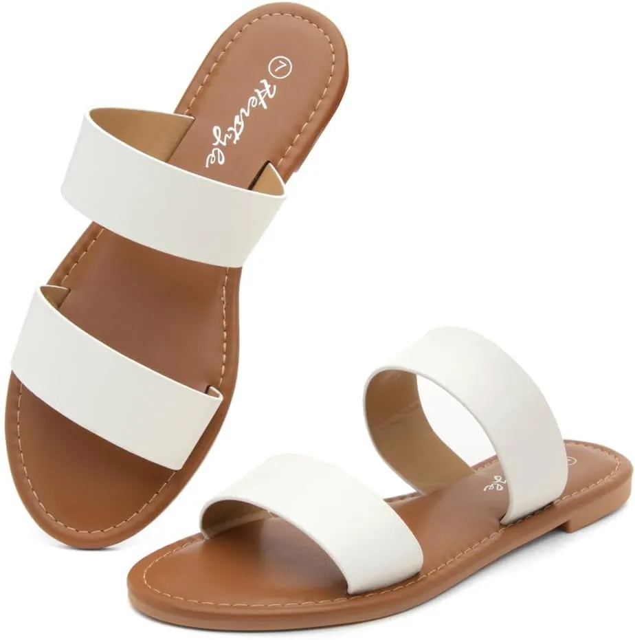 Herstyle Women’s Flat Sandals – Slip-On Double Strap Slides with Memory Foam, Trendy 2025 Summer Shoes, Lightweight Open Toe Dressy & Casual Sandals for Women