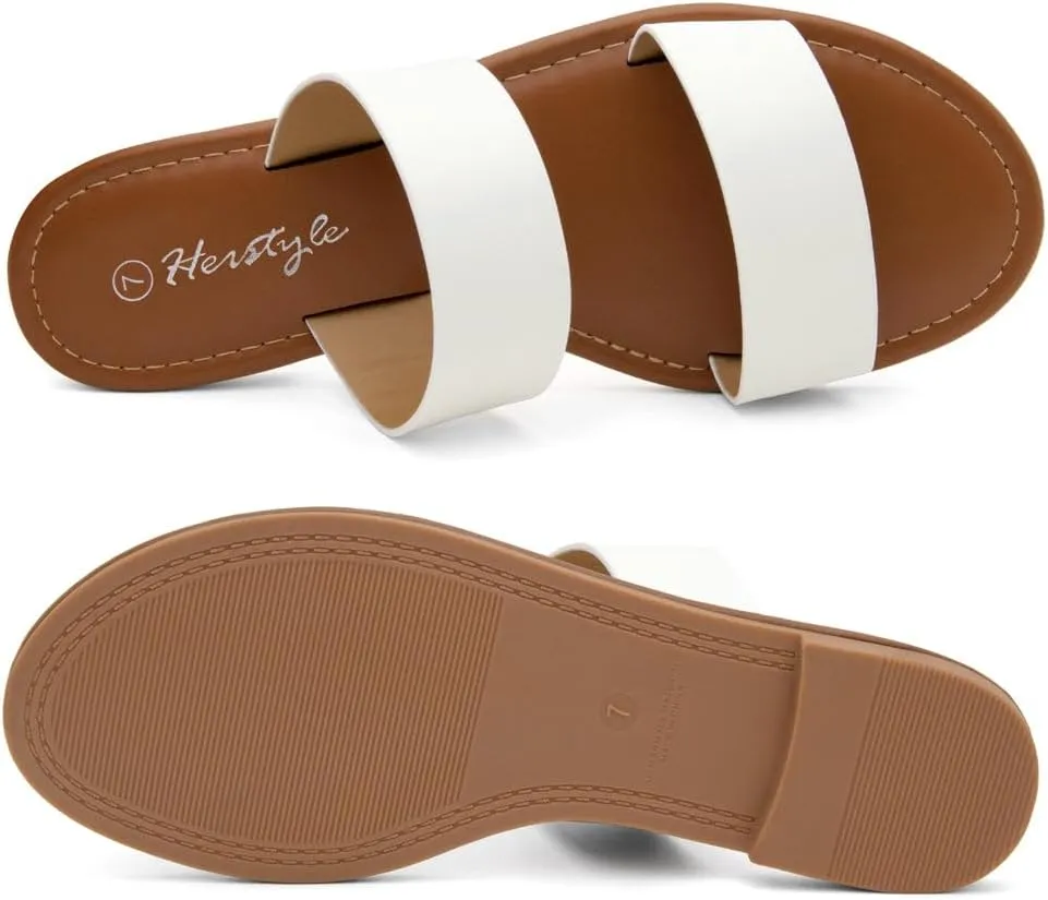 Herstyle Women’s Flat Sandals – Slip-On Double Strap Slides with Memory Foam, Trendy 2025 Summer Shoes, Lightweight Open Toe Dressy & Casual Sandals for Women