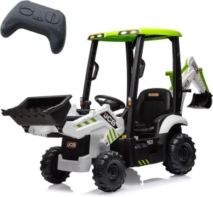 Hetoy 4 in 1 Ride on Excavator & Bulldozer, 12V Kids Electric Vehicle with Remote Control, Front Loader, Digger, Horn, Adjustable Seat, Excavator Ride on Car Toy, White