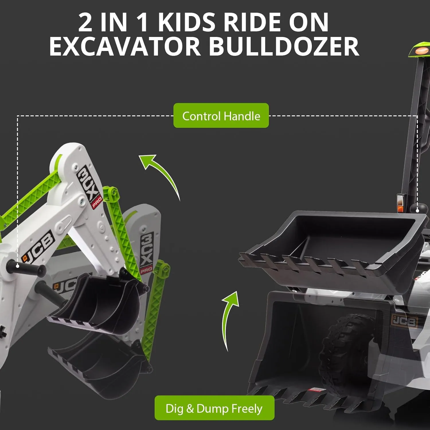 Hetoy 4 in 1 Ride on Excavator & Bulldozer, 12V Kids Electric Vehicle with Remote Control, Front Loader, Digger, Horn, Adjustable Seat, Excavator Ride on Car Toy, White