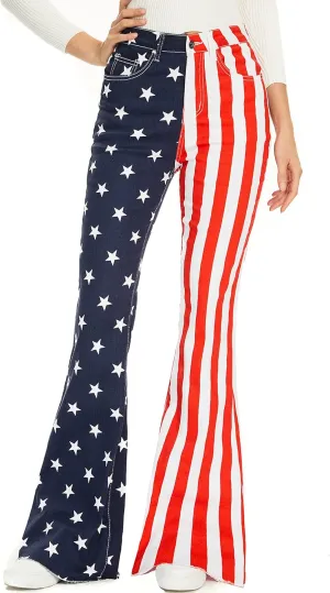 High Waisted American Flag Bell Bottom Jeans for Women Flare Wide Leg Rise Skinny Stretch Slimming Striped Bootcut 70s Pants Red/White(Flag,14)