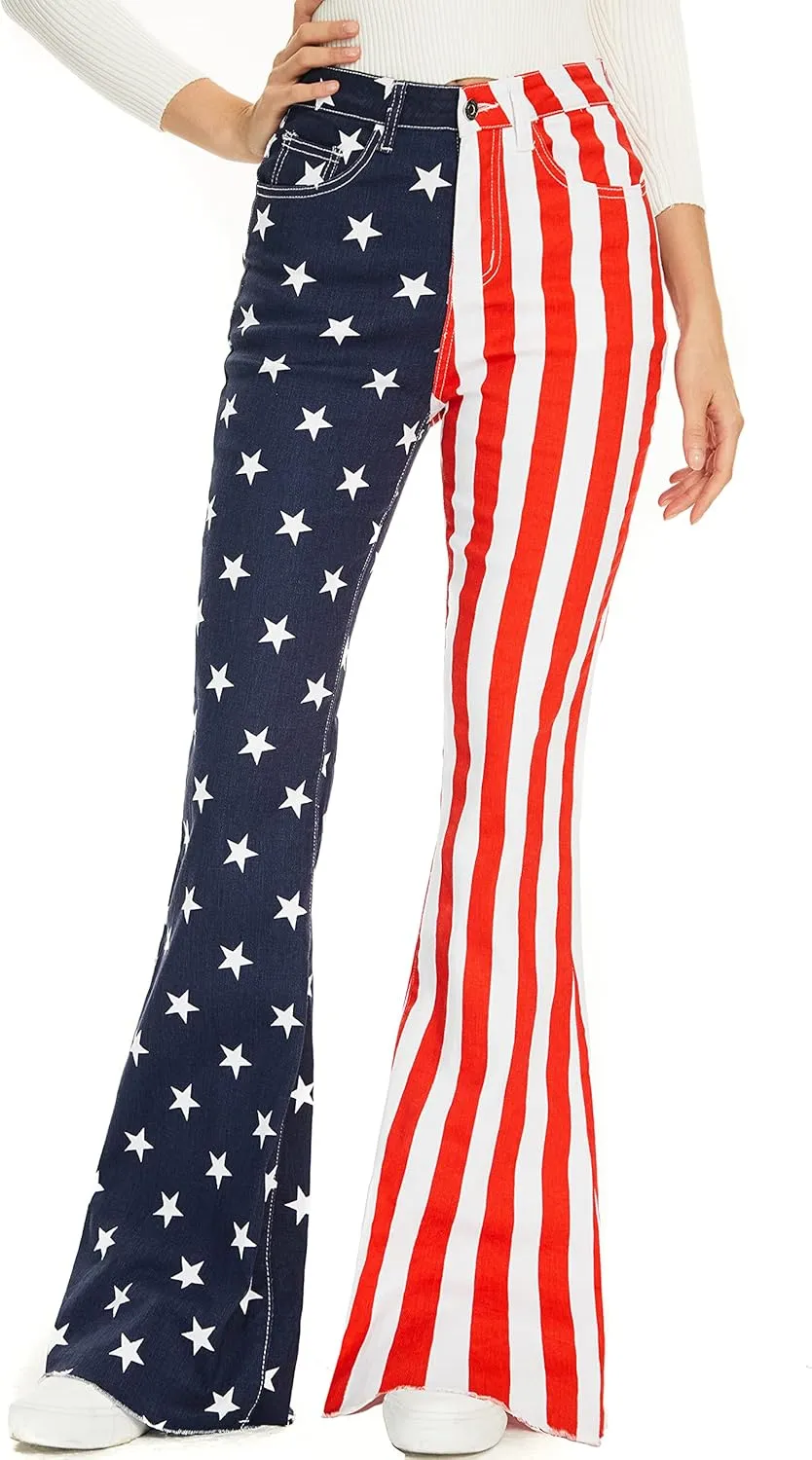 High Waisted American Flag Bell Bottom Jeans for Women Flare Wide Leg Rise Skinny Stretch Slimming Striped Bootcut 70s Pants Red/White(Flag,14)