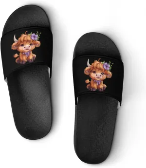 Highland Cow With Purple Flowers Scottish Farm Unisex Shower Shoes House Slippers Non-Slip Indoor Bathroom Shoes for Pool Beach 41 (255mm)