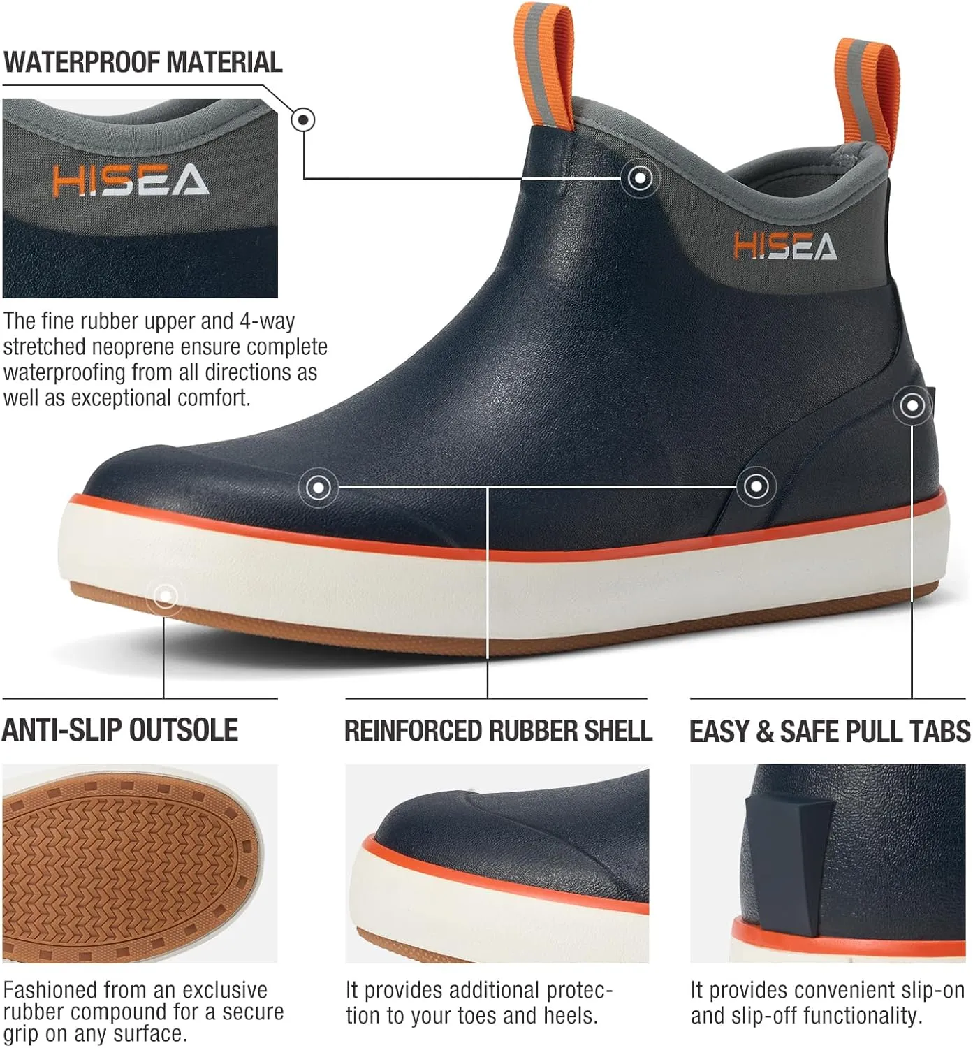 HISEA Men's Deck Boots, Wide Toe Mens Rain Boots Waterproof Fishing Boots Anti-Slip Ankle High Breathable Neoprene Lining Rubber Boots