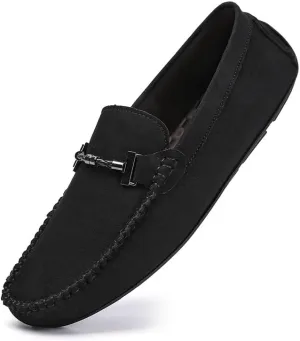 HOOENG Men's Loafers Shoes Round Toe Suede Moccasins Driving Loafers Stitching Details Slip Resistant Comfortable Flat Heel Classic Prom Slip-on (Color : Black, Size : 7)