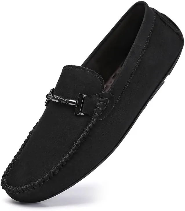 HOOENG Men's Loafers Shoes Round Toe Suede Moccasins Driving Loafers Stitching Details Slip Resistant Comfortable Flat Heel Classic Prom Slip-on (Color : Black, Size : 7)