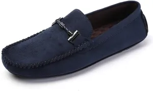 HOOENG Men's Loafers Shoes Round Toe Suede Moccasins Driving Loafers Stitching Details Slip Resistant Comfortable Flat Heel Classic Prom Slip-on (Color : Blue, Size : 10.5)