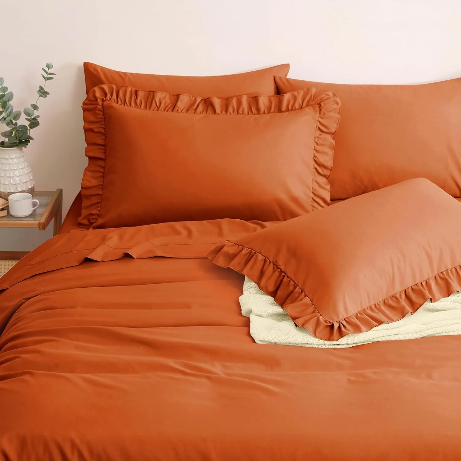 Horbaunal Burnt Orange Ruffle Sheets Full Size 6 Piece, Fits 16" Deep Mattress, Microfiber Orange Full Sheets with 2 Ruffled Pillowcases, Shabby Chic Bed Sheet Set