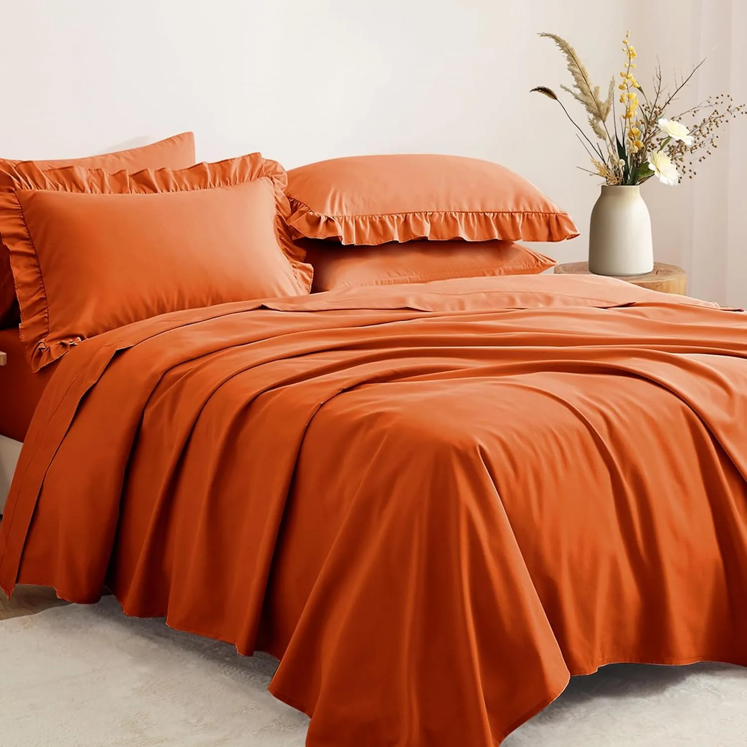 Horbaunal Burnt Orange Ruffle Sheets Full Size 6 Piece, Fits 16" Deep Mattress, Microfiber Orange Full Sheets with 2 Ruffled Pillowcases, Shabby Chic Bed Sheet Set
