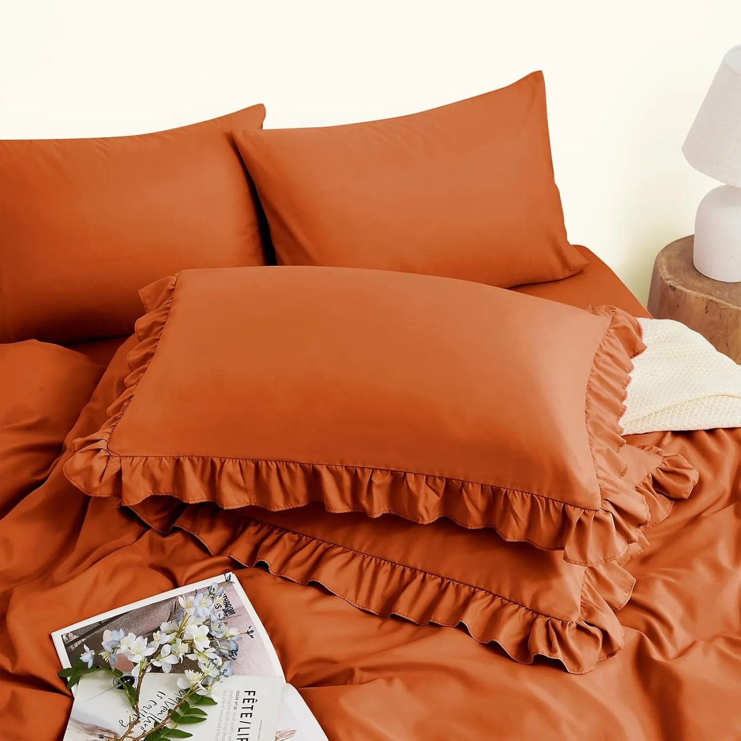 Horbaunal Burnt Orange Ruffle Sheets Full Size 6 Piece, Fits 16" Deep Mattress, Microfiber Orange Full Sheets with 2 Ruffled Pillowcases, Shabby Chic Bed Sheet Set