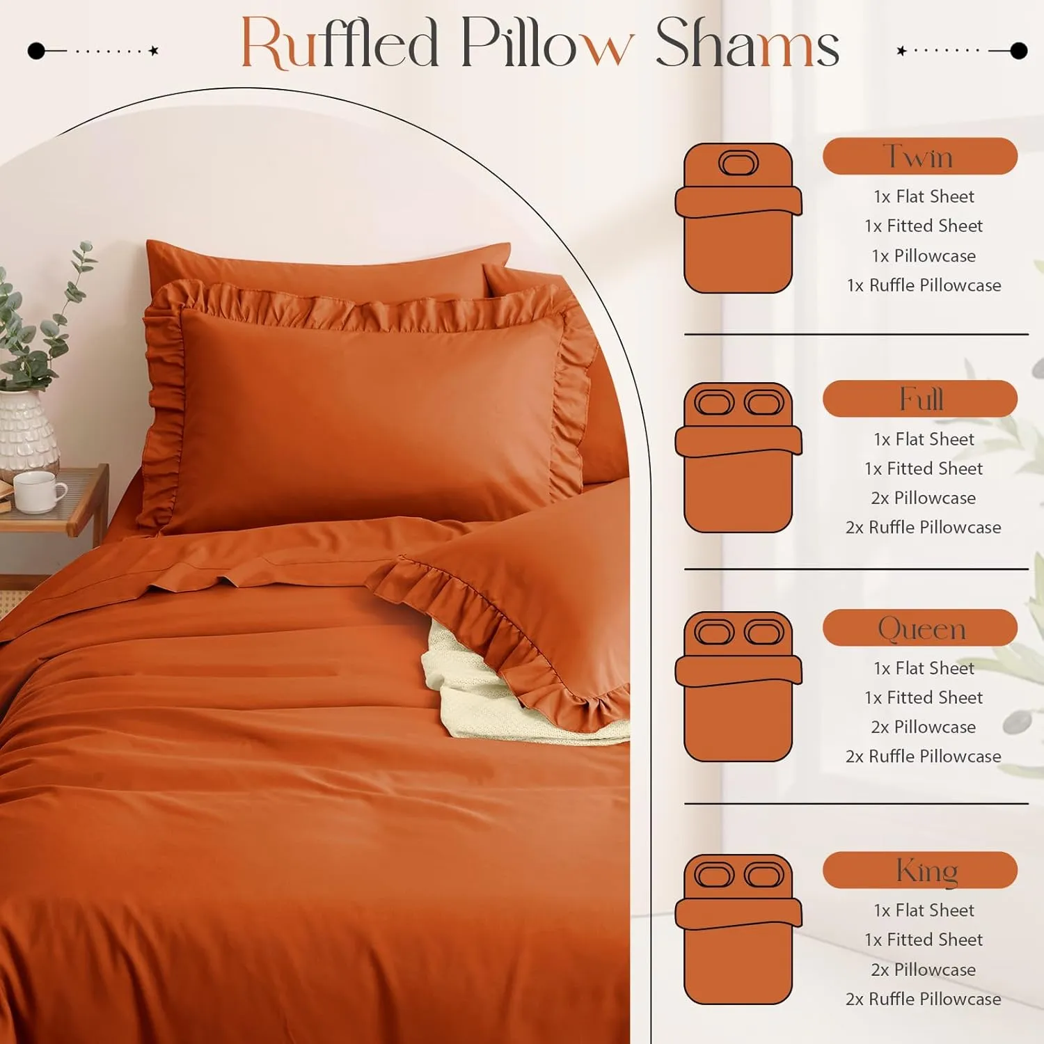 Horbaunal Burnt Orange Ruffle Sheets Full Size 6 Piece, Fits 16" Deep Mattress, Microfiber Orange Full Sheets with 2 Ruffled Pillowcases, Shabby Chic Bed Sheet Set