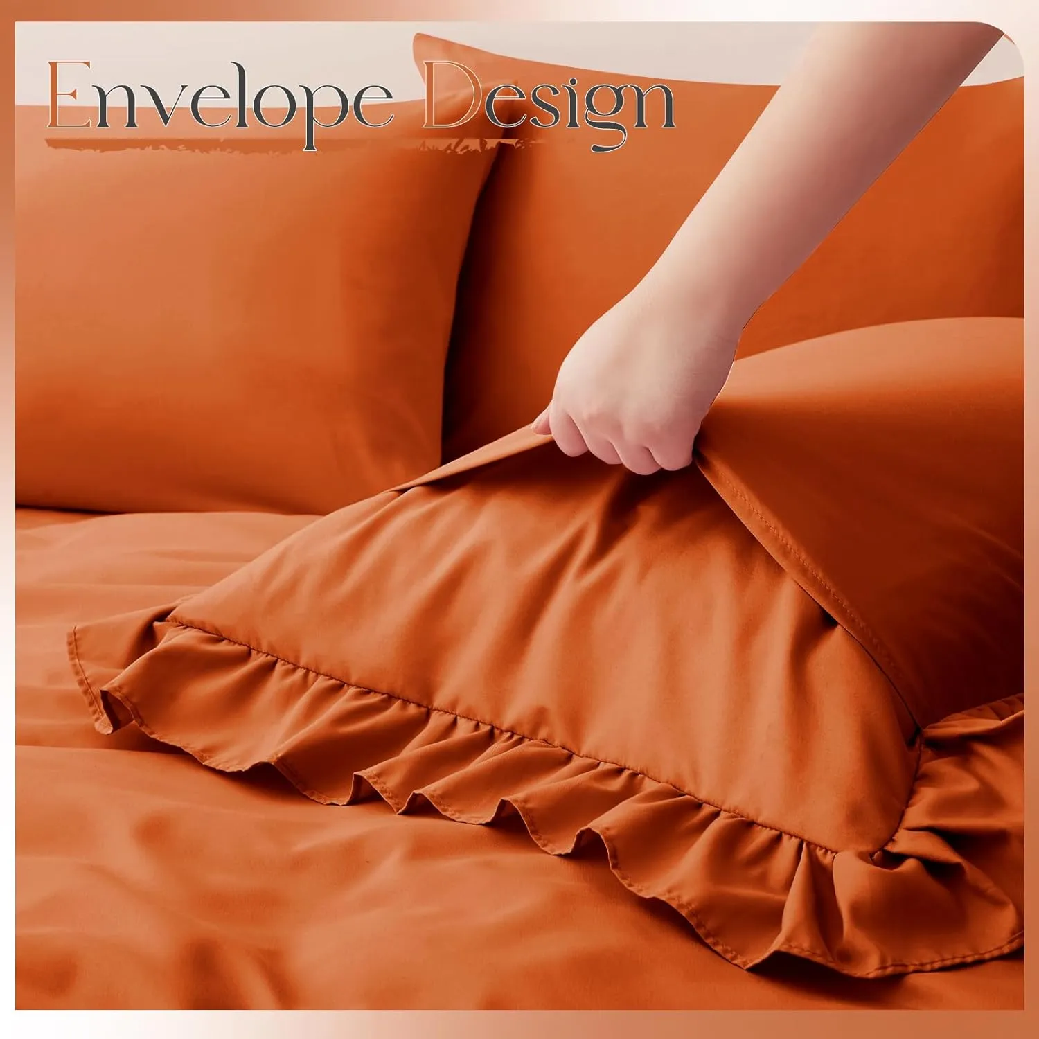 Horbaunal Burnt Orange Ruffle Sheets Full Size 6 Piece, Fits 16" Deep Mattress, Microfiber Orange Full Sheets with 2 Ruffled Pillowcases, Shabby Chic Bed Sheet Set