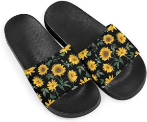 Howilath Novelty Sunflowers Pattern Slide Sandals for Women Girls, Comfotable Open Toe Non Slip Single Band Slide Sandals
