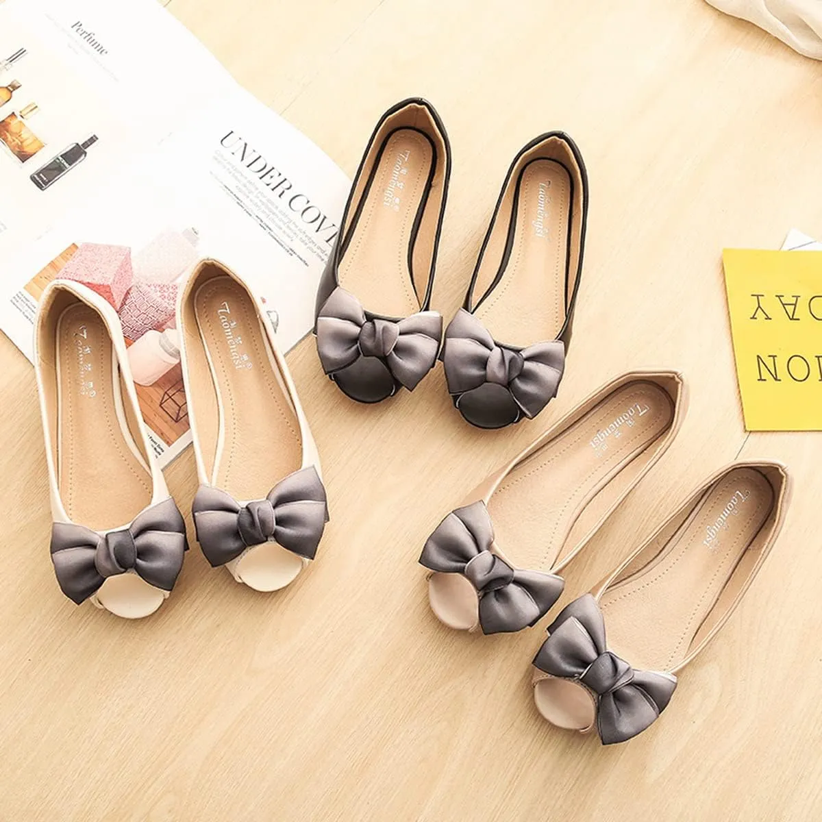 HuangTaiJi Qing Women's Classy Peep Toe Flats Shoes Bow Comfort Slip on Non-Slip Ballets Walking Shoes for Party Dating