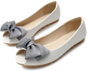 HuangTaiJi Qing Women's Classy Peep Toe Flats Shoes Bow Comfort Slip on Non-Slip Ballets Walking Shoes for Party Dating