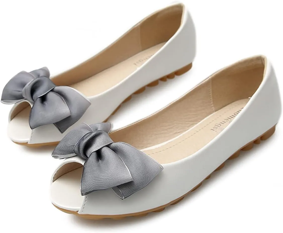 HuangTaiJi Qing Women's Classy Peep Toe Flats Shoes Bow Comfort Slip on Non-Slip Ballets Walking Shoes for Party Dating