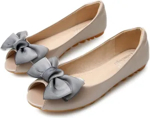 HuangTaiJi Qing Women's Classy Peep Toe Flats Shoes Bow Comfort Slip on Non-Slip Ballets Walking Shoes for Party Dating