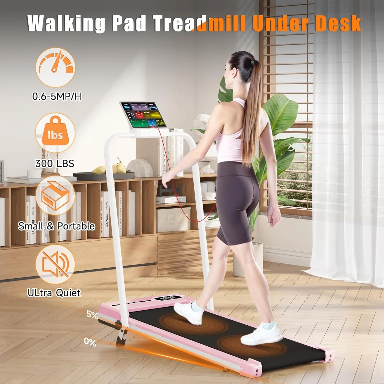 Incline Walking Pad with Handle Bar, Folding Treadmill Foldable Portable Under Desk for Home Office, Ultra Quiet <45dB, Safety Lock, 300  LB Capacity