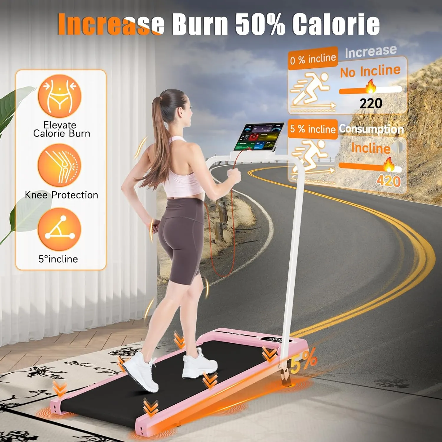 Incline Walking Pad with Handle Bar, Folding Treadmill Foldable Portable Under Desk for Home Office, Ultra Quiet <45dB, Safety Lock, 300  LB Capacity