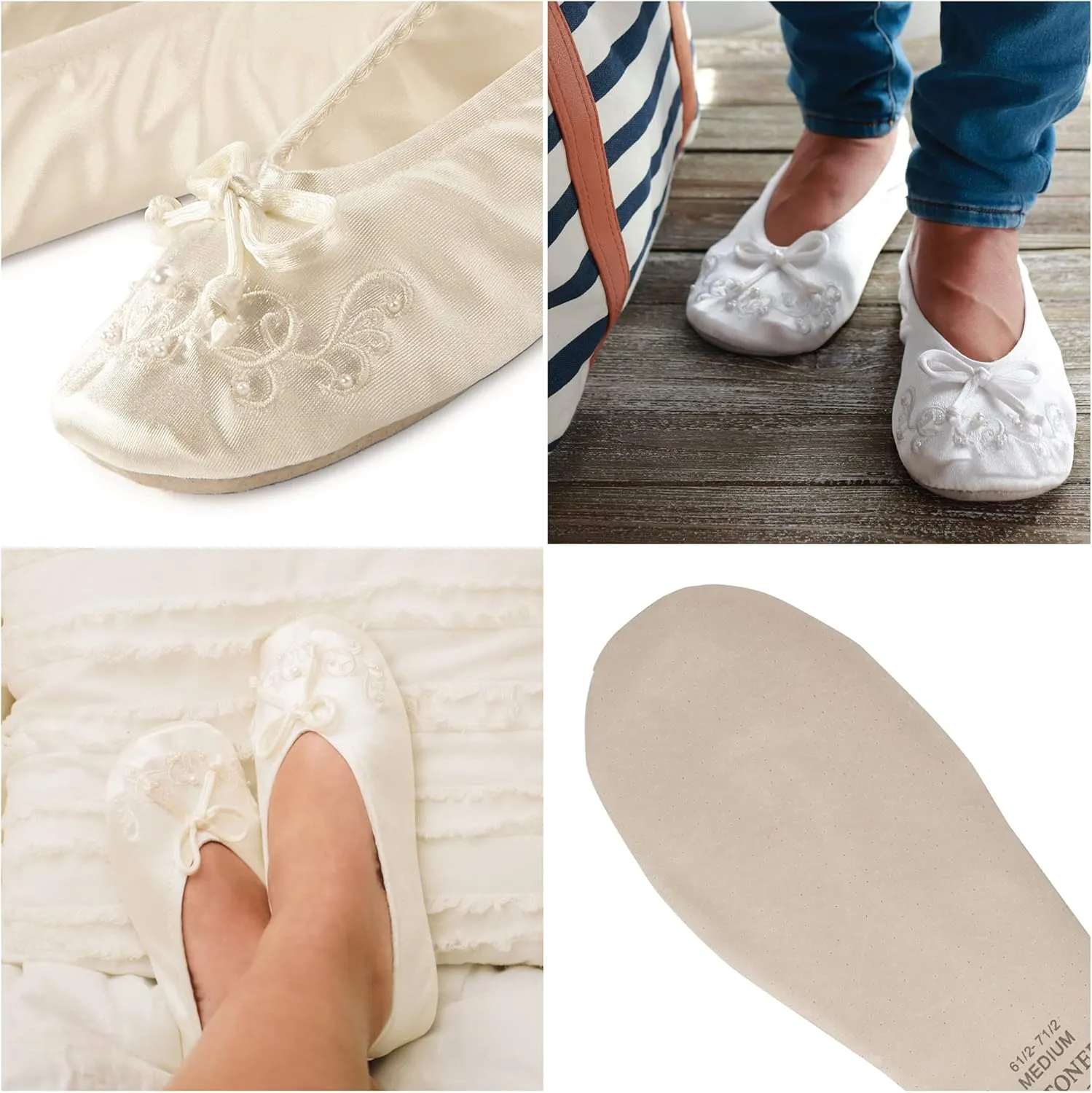 isotoner Women's Satin Ballerina Slippers with Embroidered Pearl