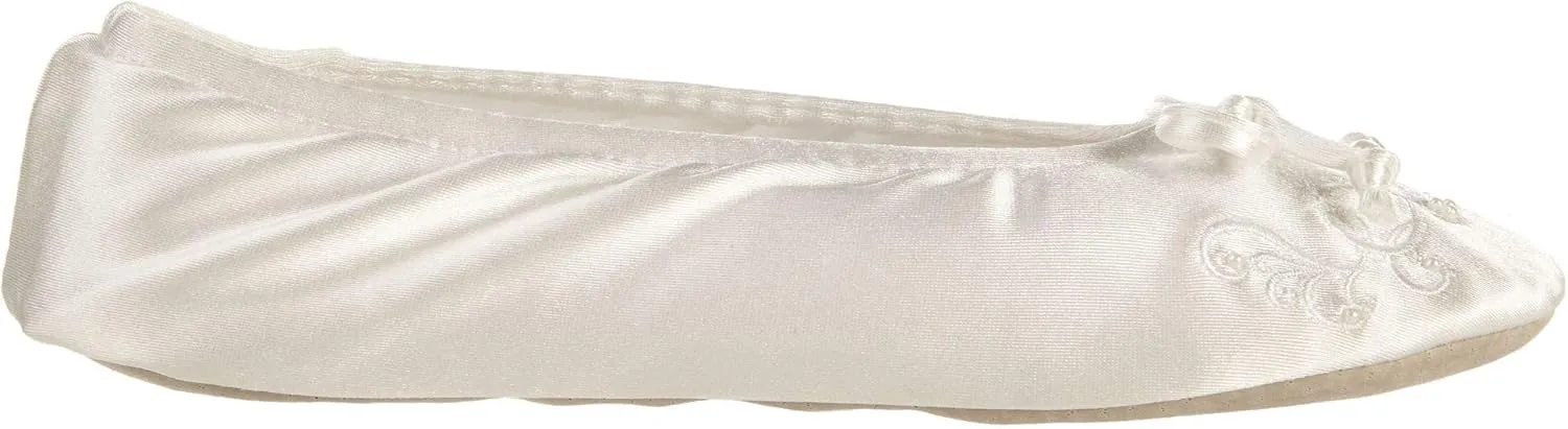 isotoner Women's Satin Ballerina Slippers with Embroidered Pearl