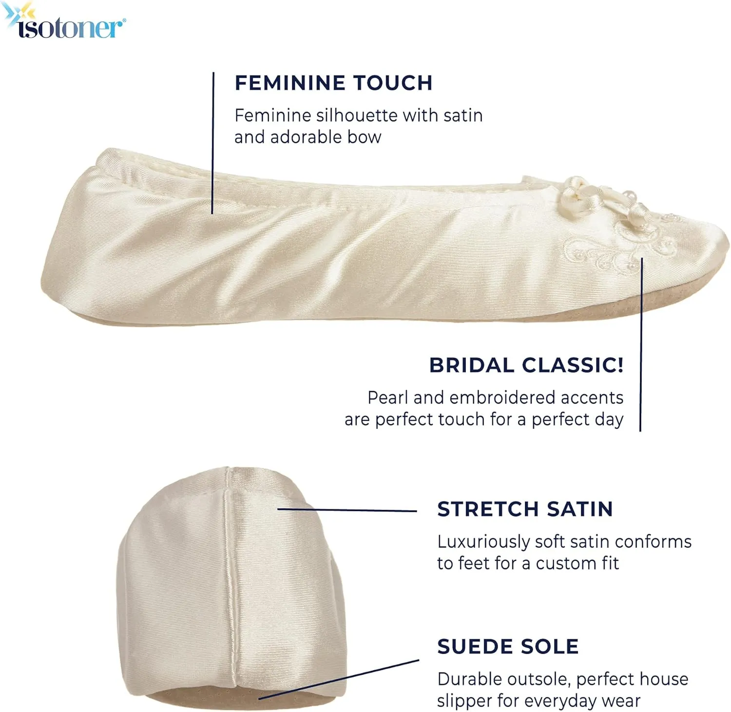 isotoner Women's Satin Ballerina Slippers with Embroidered Pearl