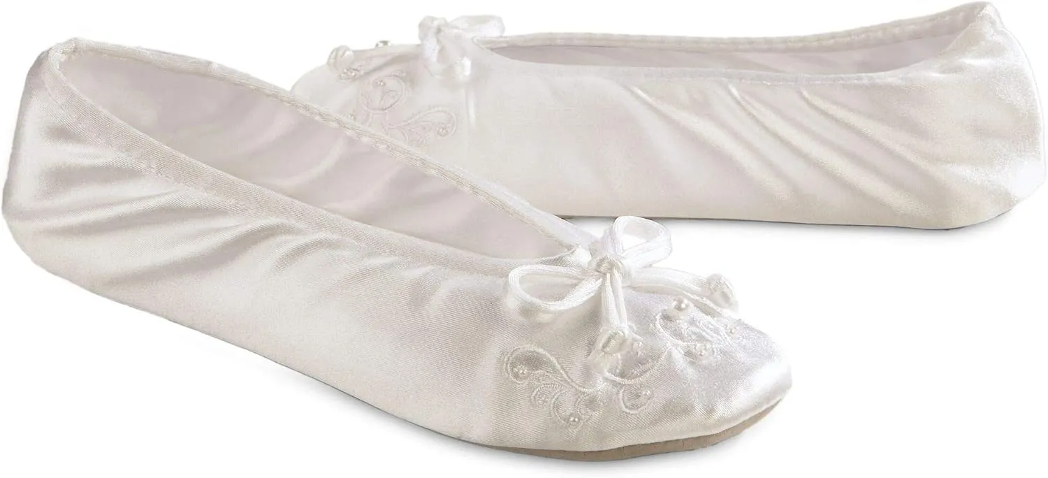 isotoner Women's Satin Ballerina Slippers with Embroidered Pearl
