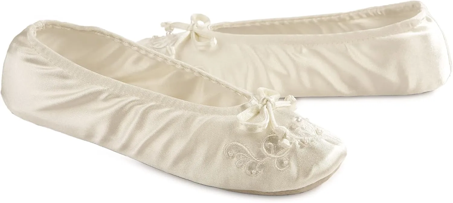 isotoner Women's Satin Ballerina Slippers with Embroidered Pearl