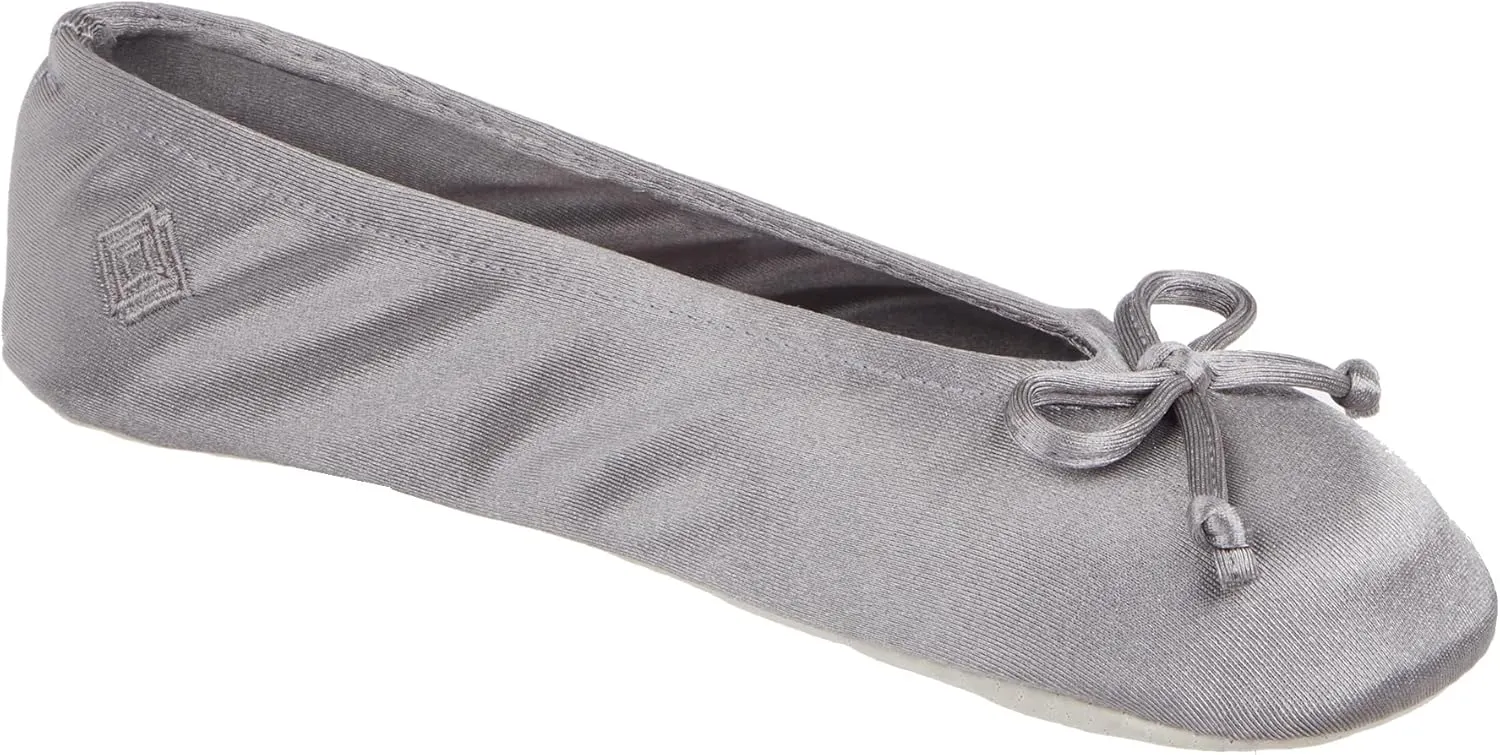 isotoner Women's Satin Ballerina Slippers with Soft Tie Bow and Suede Sole