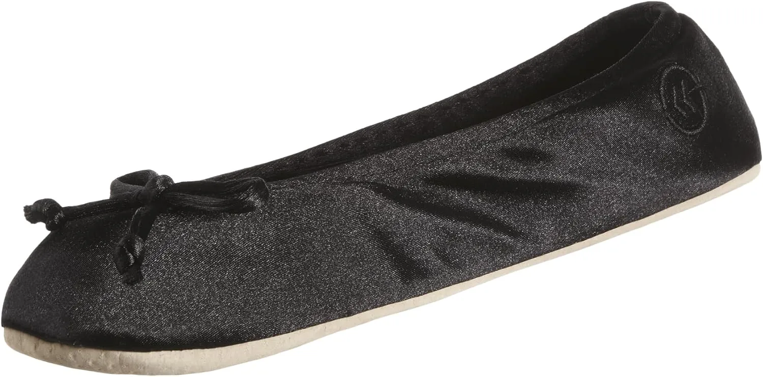 isotoner Women's Satin Ballerina Slippers with Soft Tie Bow and Suede Sole